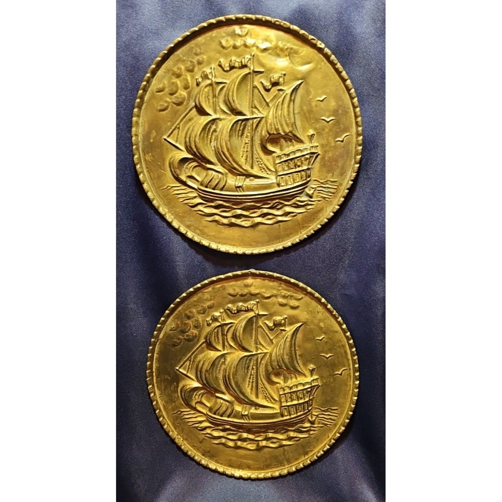 Vintage Embossed Brass relief‎ Galleon Ships "Pair" Made in England